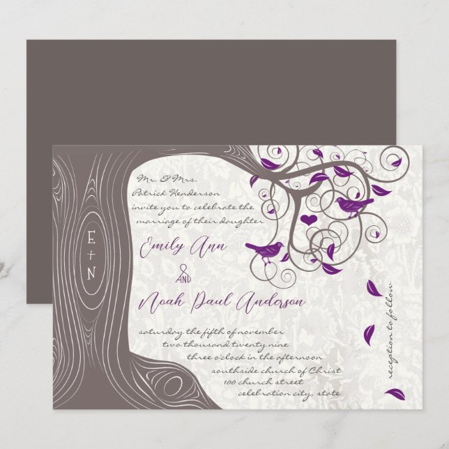 Rustic Purple Love Bird Romantic Tree Wedding Invitation (Front/Back)