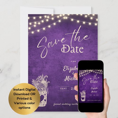 Rustic Purple Mason Jar Save Dates Digital Print Invitation