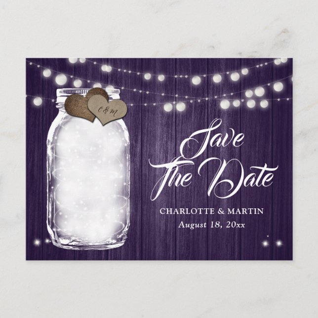 Rustic Purple Mason Jar Wedding Save The Date Announcement Postcard (Front)