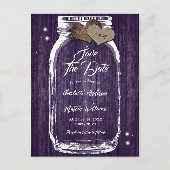 Rustic Purple Mason Jar Wood Wedding Save The Date Announcement Postcard (Front)