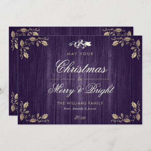 Rustic Purple Merry and Bright Photo Christmas Holiday Card