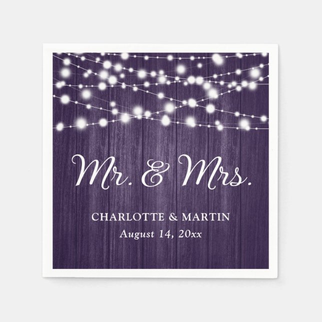 Rustic Purple Mr and Mrs Wedding Napkins (Front)