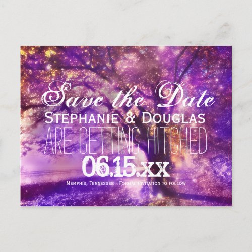 Rustic Purple Oak Tree Save the Date Postcards