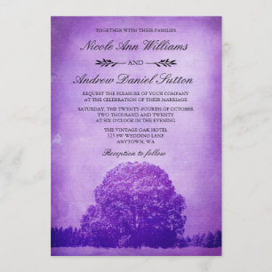 Rustic Purple Oak Tree Wedding Invitation