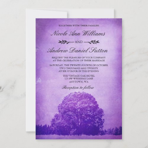 Rustic Purple Oak Tree Wedding Invitation