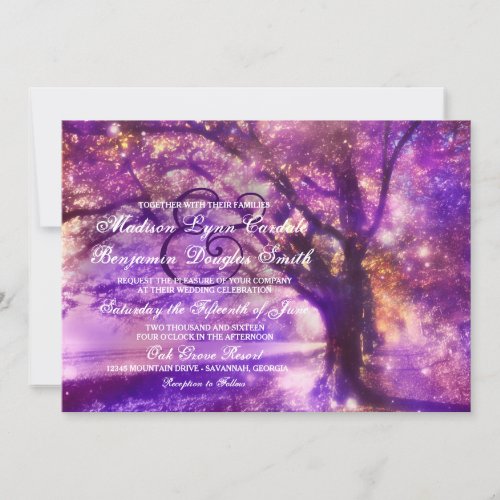 Rustic Purple Oak Tree Wedding Invitations