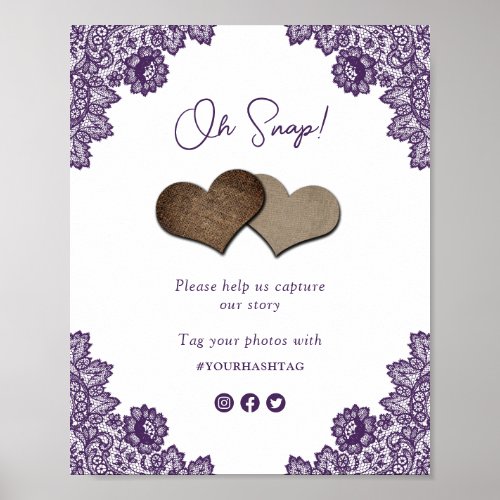 Rustic Purple Oh Snap Social Media Wedding Sign