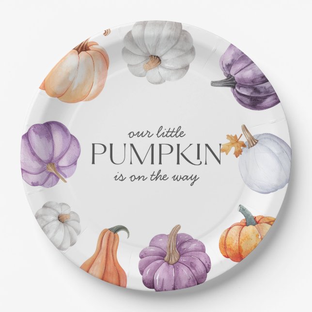 Rustic Purple Orange White Pumpkin Baby Shower Paper Plates (Front)