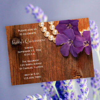Rustic Purple Periwinkle Flower Pearls Quinceanera Invitation