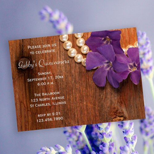 Rustic Purple Periwinkle Flower Pearls Quinceanera Invitation