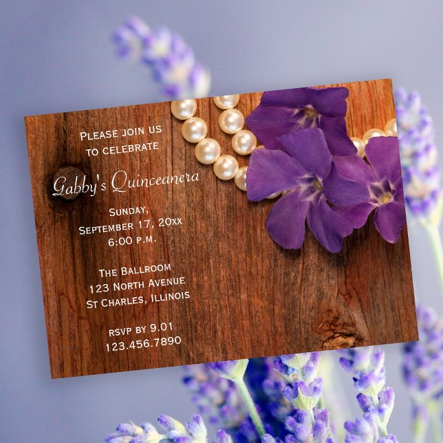 Rustic Purple Periwinkle Flower Pearls Quinceanera Invitation (Creator Uploaded)