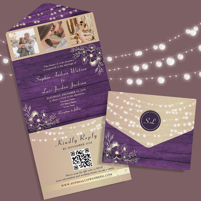 Rustic Purple Photos Wedding QR Code All In One Invitation (Creator Uploaded)