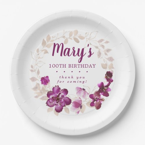 Rustic Purple Pink Floral 100th Birthday Paper Plates