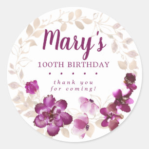Rustic Purple Pink Floral 100th Birthday Thank You Classic Round Sticker