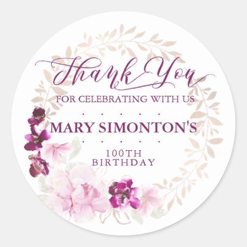Rustic Purple Pink Floral 100th Birthday Thank You Classic Round Sticker