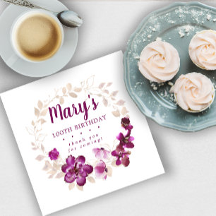 Rustic Purple Pink Floral 100th Birthday Thank You Napkins
