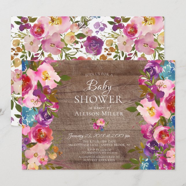 Rustic Purple Pink Floral BABY Shower Invitations (Front/Back)