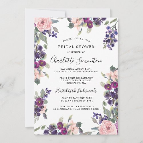 Rustic Purple Pink Floral Bridal Shower Invitation