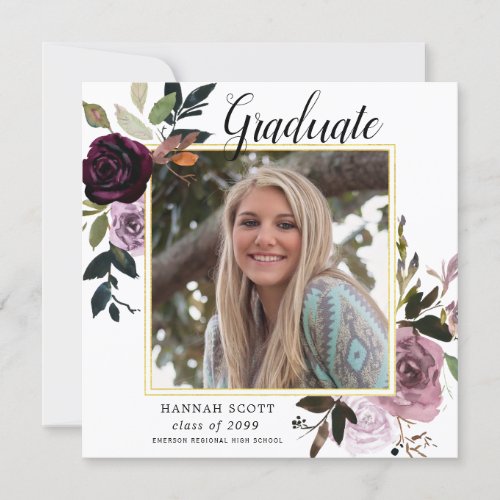 Rustic Purple Pink Floral Photo Graduation Party Invitation