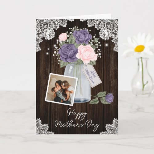 Rustic Purple Pink Floral Photo Happy Mothers Day Card