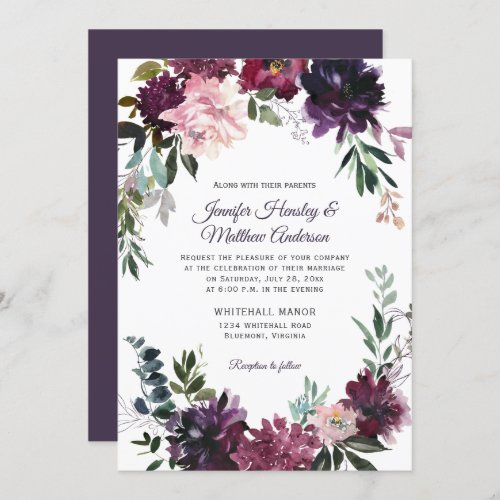 Rustic Purple Pink Mauve Red Floral Wreath Wedding Invitation