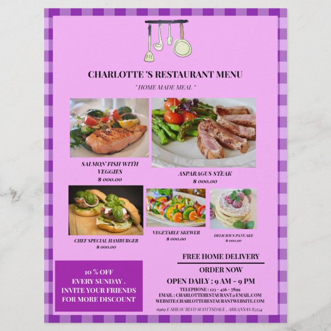 Rustic Purple Plaid Restaurant Menu  Flyer (Front)