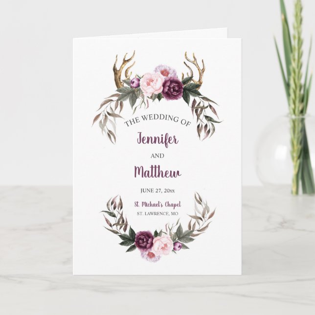 Rustic Purple Plum Peonies Antlers Wedding Program (Front)