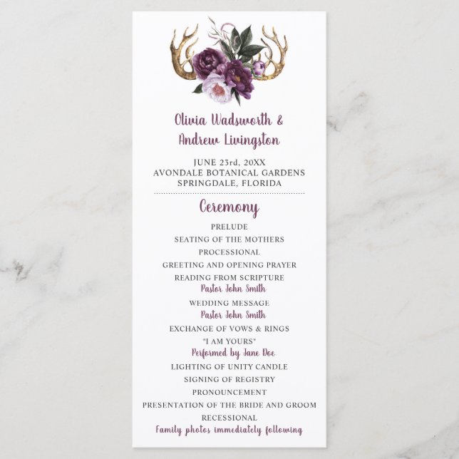 Rustic Purple Plum Pink Peonies Antlers Wedding Program (Front)