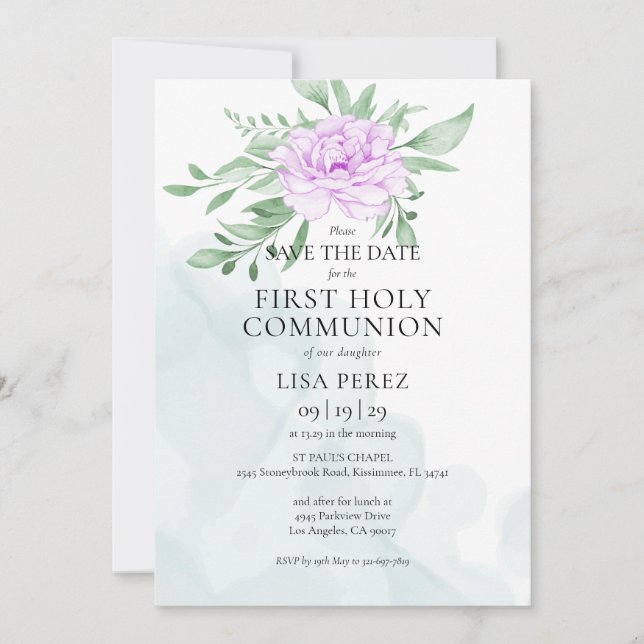 Rustic Purple Rose Eucalyptus First Holy Communion Save The Date (Front)