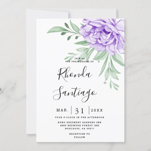 Rustic Purple Rose Floral Eucalyptus Boho Wedding Invitation