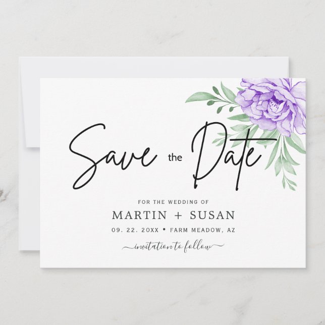 Rustic Purple Rose Floral Eucalyptus Boho Wedding Save The Date (Front)