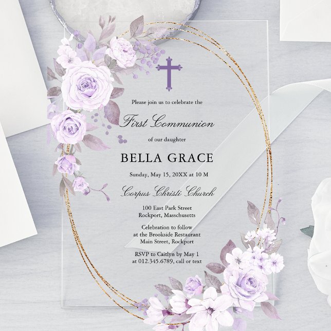 Rustic Purple Rose Floral First Holy Communion Acrylic Invitations (Creator Uploaded)