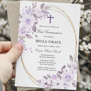 Rustic Purple Rose Floral First Holy Communion Invitation by Celebrais at Zazzle