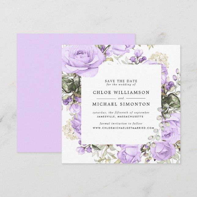 Rustic Purple Rose Floral Save the Date Card (Front/Back)