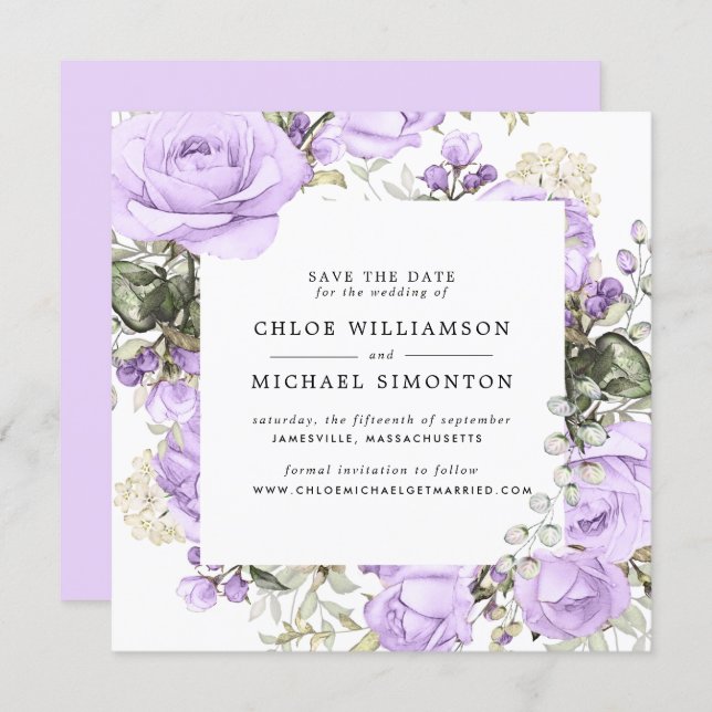 Rustic Purple Rose Floral Save the Date Card (Front/Back)