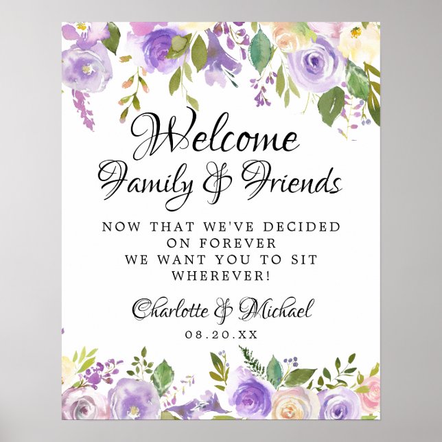 Rustic Purple Rose Floral Wedding Ceremony Seating Poster (Front)