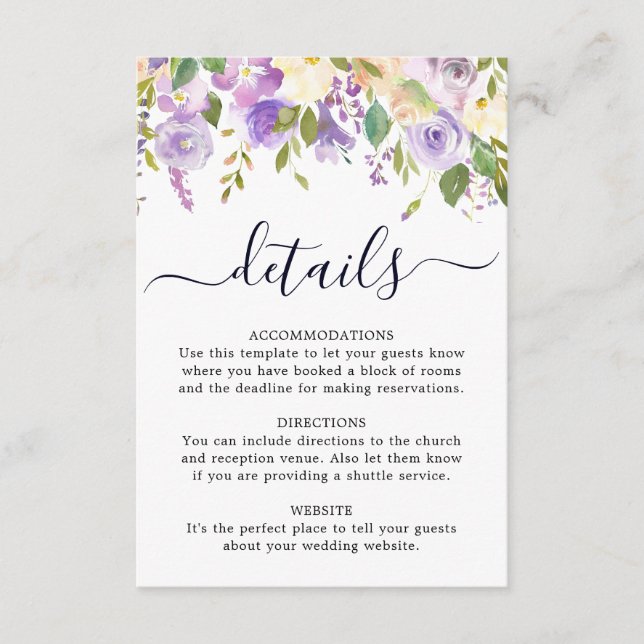 Rustic Purple Rose Floral Wedding Details Card (Front)