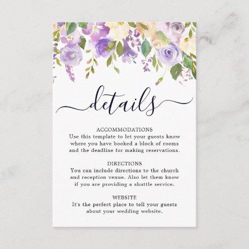 Rustic Purple Rose Floral Wedding Details Card