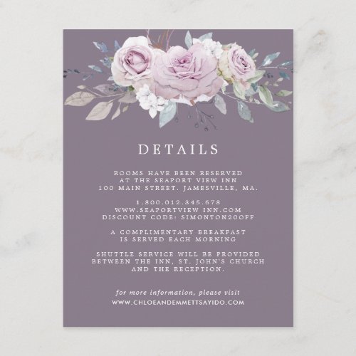 Rustic Purple Rose Floral Wedding Guest Details Enclosure Card