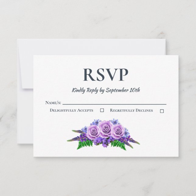 Rustic Purple Rose Floral Wedding RSVP Card (Front)