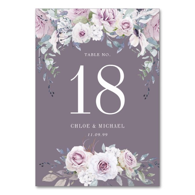 Rustic Purple Rose Floral Wedding Table Table Number (Front)