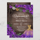Rustic Purple Rose Glitter Gown Fiesta Quinceañera Invitation (Front/Back)