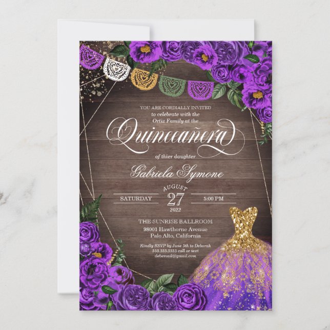 Rustic Purple Rose Glitter Gown Fiesta Quinceañera Invitation (Front)