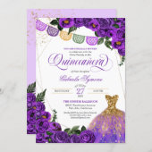 Rustic Purple Rose Glitter Gown Fiesta Quinceañera Invitation (Front/Back)