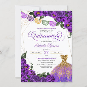 Rustic Purple Rose Glitter Gown Fiesta Quinceañera Invitation
