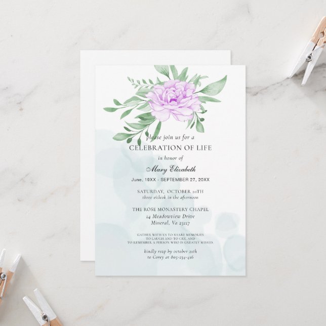 Rustic Purple Rose Leaves Celebration Of Life Invitation (Front/Back In Situ)