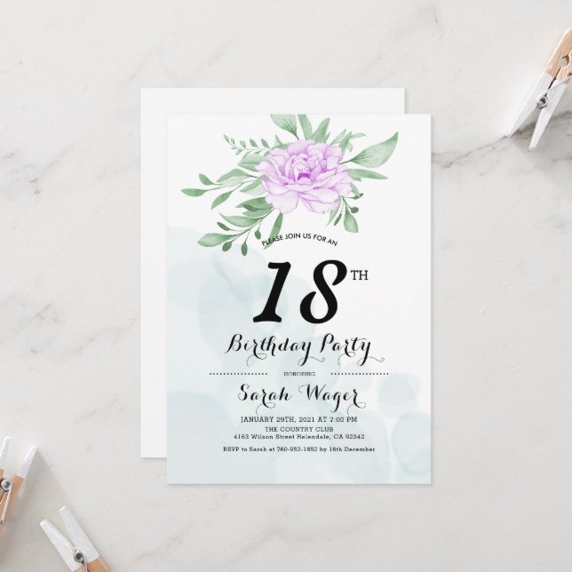Rustic Purple Rose Leaves Greenery 18th Birthday Invitation (Front/Back In Situ)