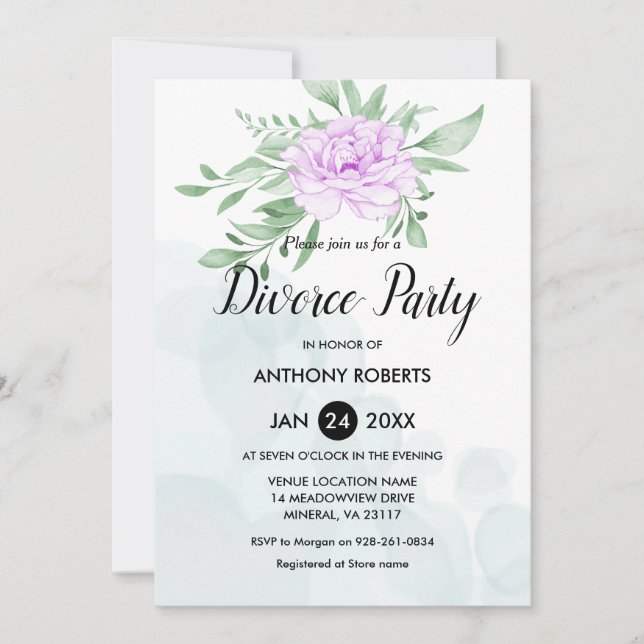 Rustic Purple Rose Leaves Greenery Divorce Party Invitation (Front)