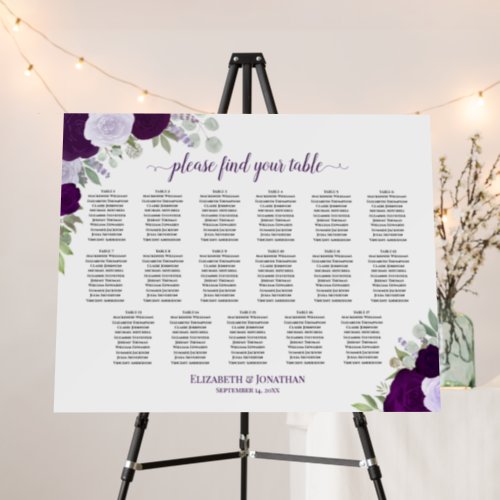 Rustic Purple Roses 17 Table Wedding Seating Chart Foam Board