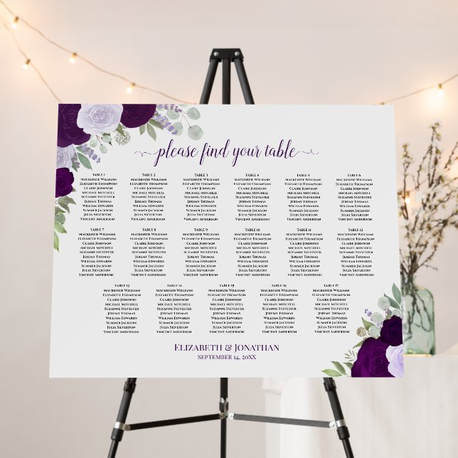 Rustic Purple Roses 17 Table Wedding Seating Chart Foam Board (In Situ (Stand))